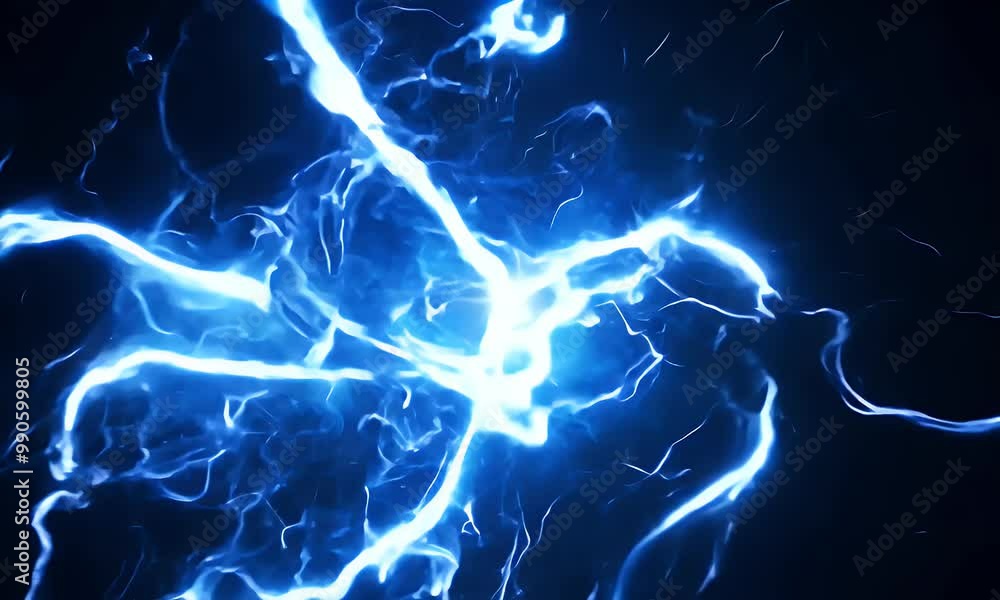 blue electricity crackling, with plasma effects and glowing bolts, moving dynamically against a dark backdrop