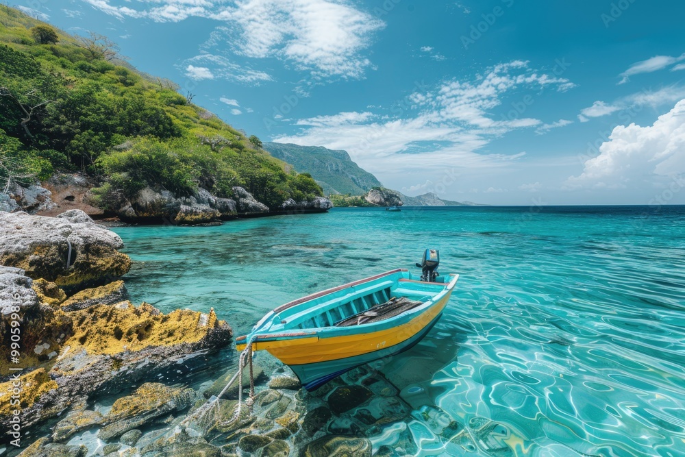 Tropical Paradise: Vibrant Boat Floating in Crystal Clear Blue Sea Near Rocky Coastline Tropical Paradise: Vibrant Boat Floating in Crystal Clear Blue Sea Near Rocky Coastline
