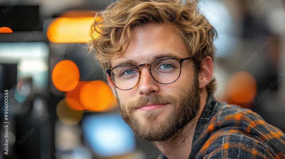 Young man with glasses smiling at the camera in a bright, busy coworking space during the day Young man with glasses smiling at the camera in a bright, busy coworking space during the day