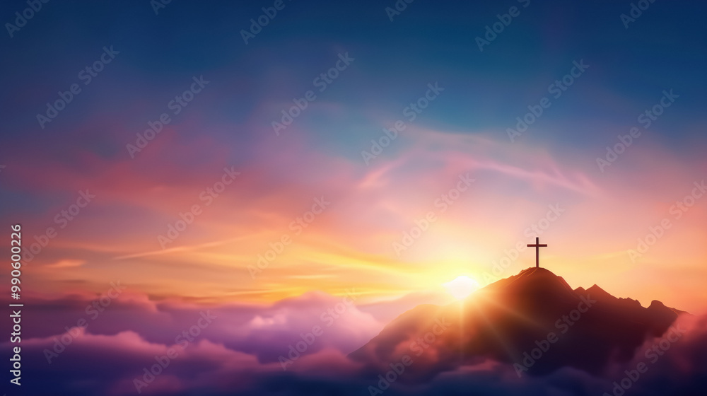 A cross stands on a mountain peak, surrounded by clouds and a colorful sunset, symbolizing faith, hope, and the Kingdom of God in a serene spiritual landscape. A cross stands on a mountain peak, surrounded by clouds and a colorful sunset, symbolizing faith, hope, and the Kingdom of God in a serene spiritual landscape.