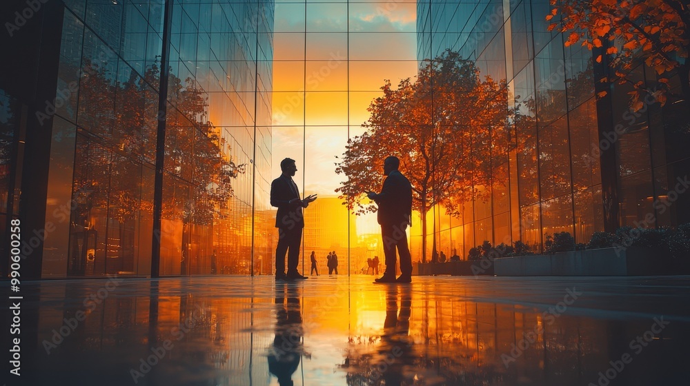 Fototapeta premium Two silhouetted figures converse at sunset amidst reflective glass buildings with vibrant autumn trees