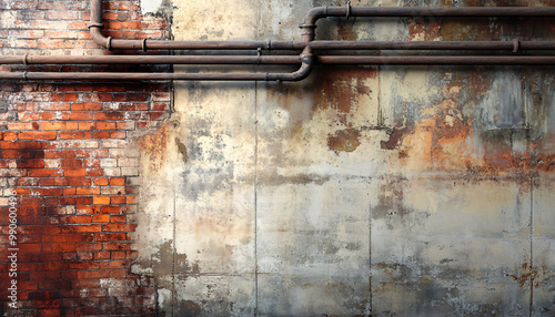 A textured wall with exposed bricks, metal pipes, and raw concrete, offering a modern, urban, and gritty aesthetic