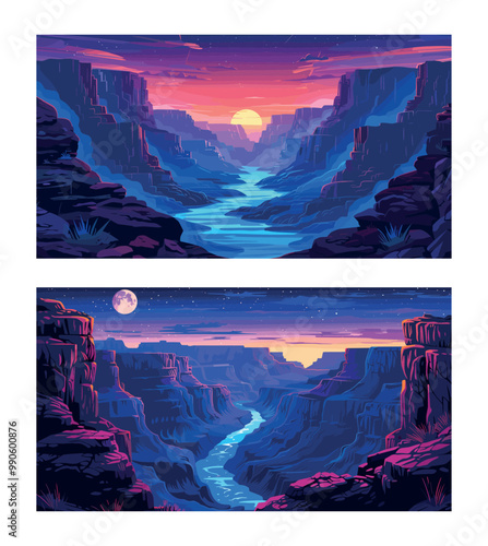 Night canyon mountain river cartoon vector scenes. Gorge spring rocks stones boulder moon dark sky desert waste land landscape concepts
