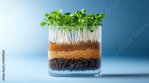 Cross-section of soil revealing different layers of nutrients and organic matter, roots visible photo