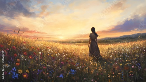 3. **Depict Ruth standing in a field, looking towards Bethlehem with hope and courage. Surround her with gentle wildflowers and a soft sunset, emphasizing her faith and commitment as she embarks on photo