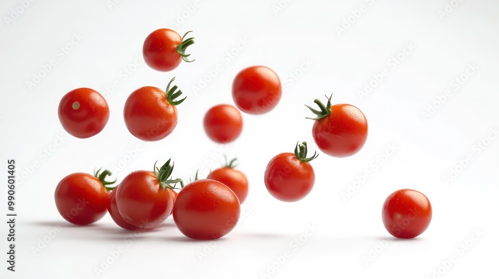 Fresh brown cherry tomatoes falling on a white background. Fresh brown cherry tomatoes falling on a white background.