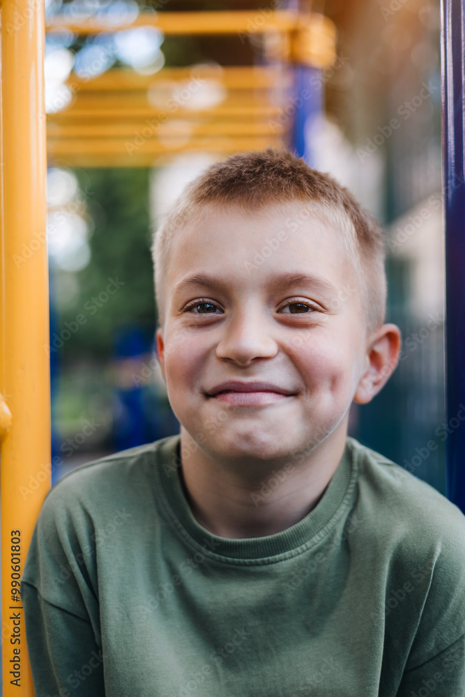 Fototapeta premium A school-age boy in a green T-shirt spends time on horizontal bars, a playground in sunny weather. Front view