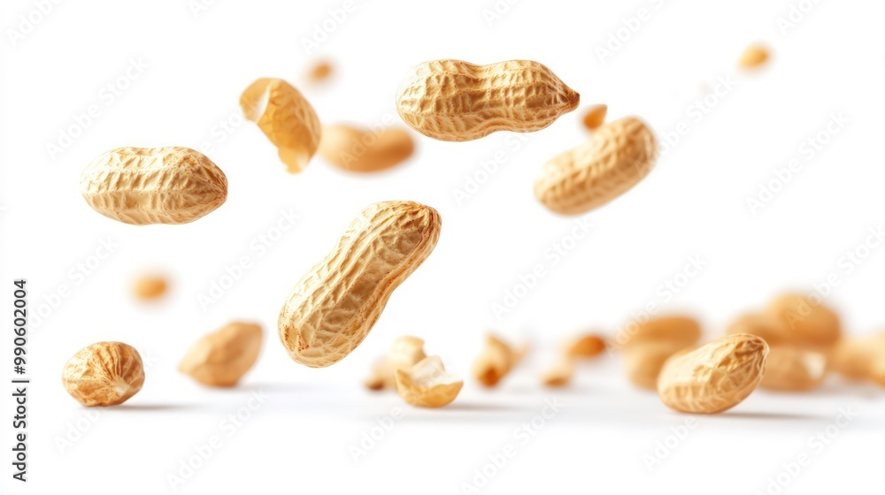 Closeup of peanuts in mid-air over a white background. Closeup of peanuts in mid-air over a white background.