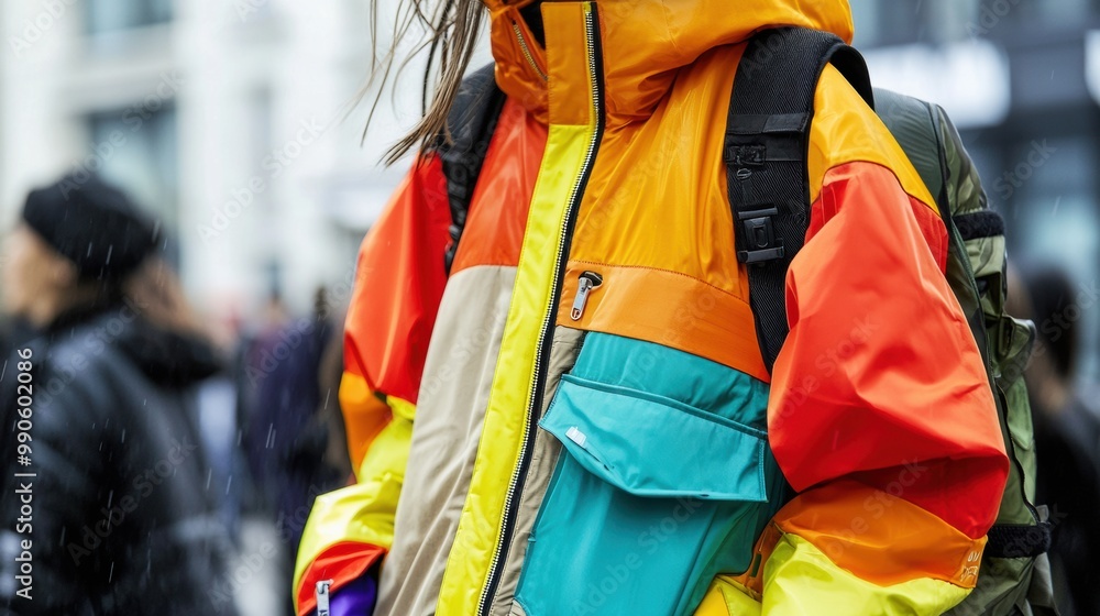 Colorful Street Fashion Jacket in Urban Environment with City Background Colorful Street Fashion Jacket in Urban Environment with City Background