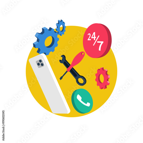 Online technical support. Customer support. Call center operator finds a solution to the problem. Technical support via phone app.Customer assistance 24/7. Vector illustration flat design.