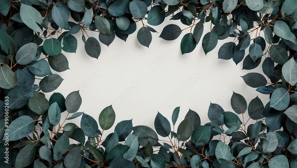 Blue eucalyptus leaves forming a square frame on a white background. Blue eucalyptus leaves forming a square frame on a white background.