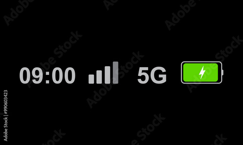 Status bar icon isolated on black background. Phone bar status Icons, battery drain in green, Mobile indicator of time, Wi-Fi signal. Vector Illustration