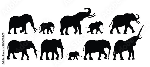 Set silhouettes of large and small Elephants.
