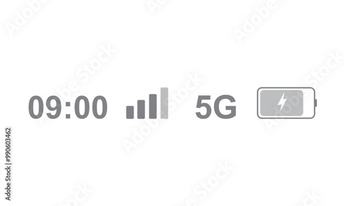 Status bar icon isolated on white background. Phone bar status Icons, battery drain in green, Mobile indicator of time, Wi-Fi signal. Vector Illustration