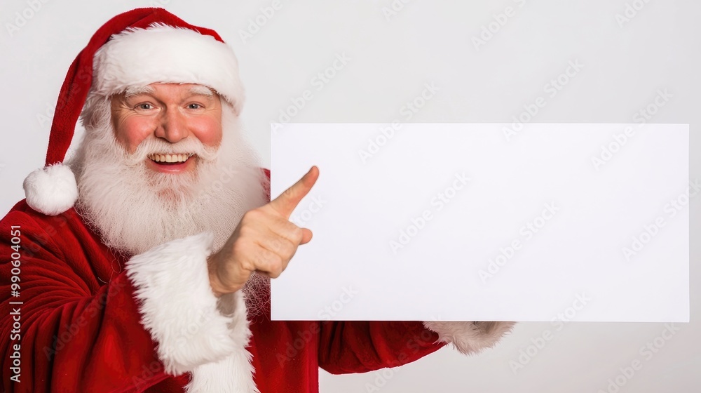 Joyful Santa Claus joyfully points at a blank banner, ready for festive Christmas messages and New Year greetings against a minimalist background Joyful Santa Claus joyfully points at a blank banner, ready for festive Christmas messages and New Year greetings against a minimalist background