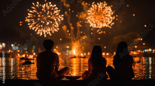 A captivating scene of three people enjoying fireworks by the water, creating a magical atmosphere during a nighttime celebration.