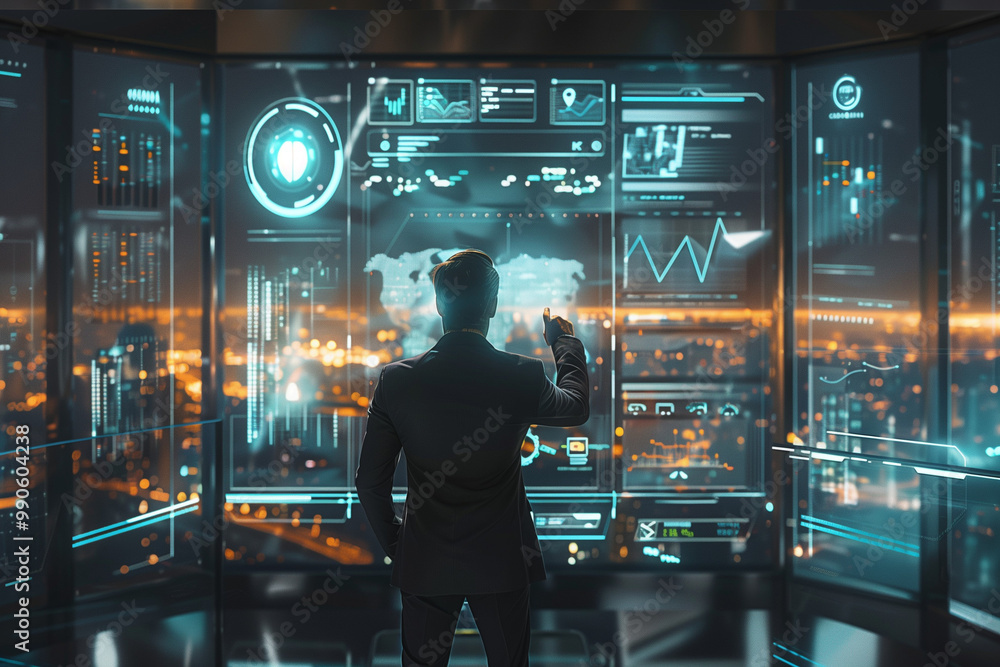Business executive analyzing futuristic data interface in modern office Business executive analyzing futuristic data interface in modern office
