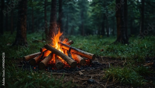 Bonfire in the forest, creating a cozy atmosphere.