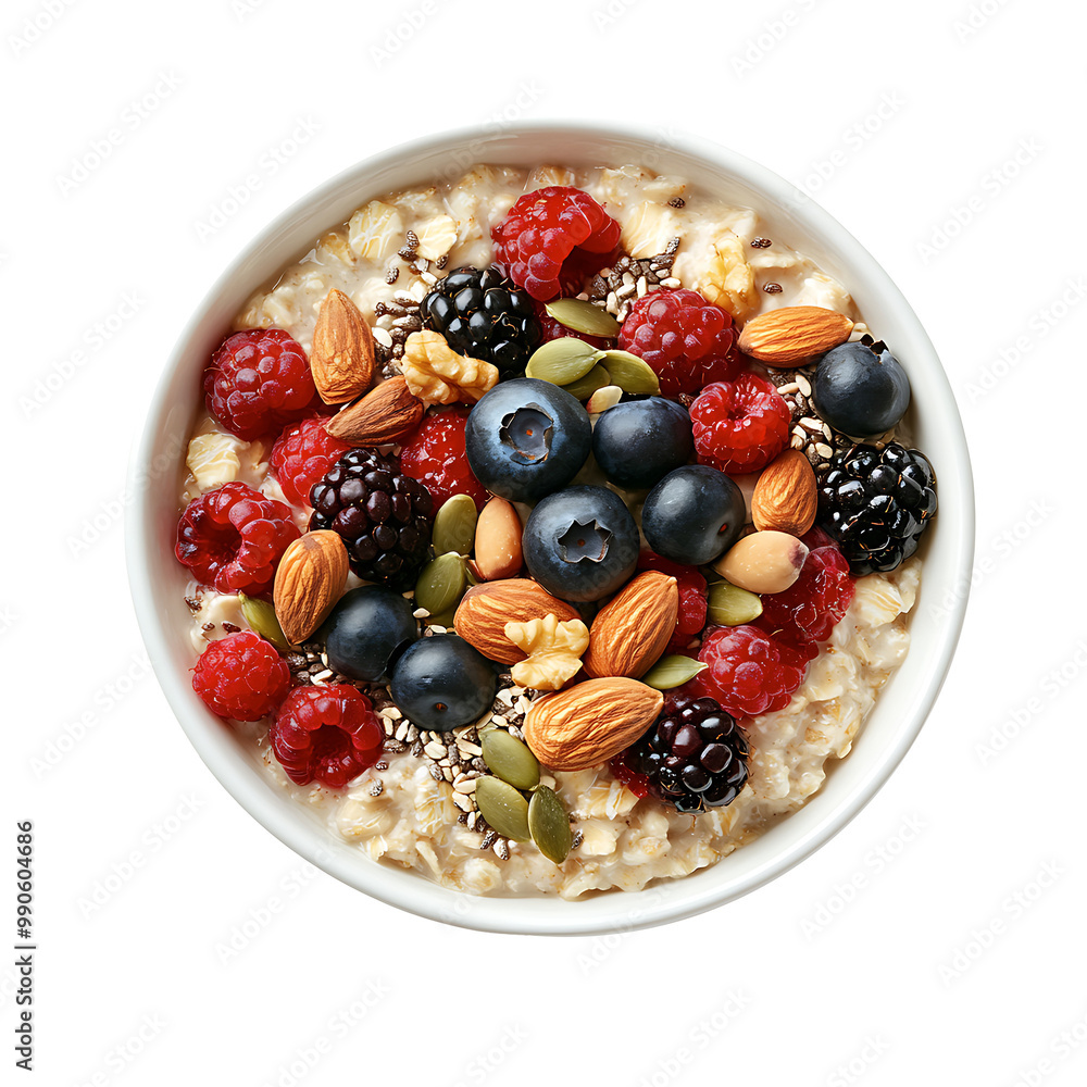 Oat flakes in a bowl with strawberries isolated on a white background Oat flakes in a bowl with strawberries isolated on a white background