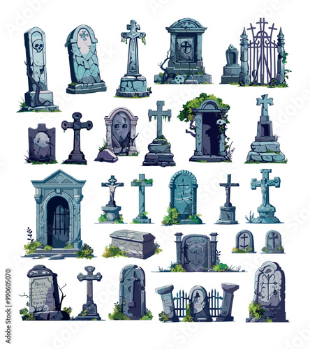 Old cemetery elements cartoon vector set. Stone rock gothic tombs cracked ancient crosses graveyard, squeezed grating gate dark scary haunted spot place game ui assets isolated on white background