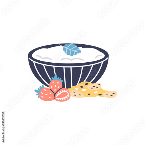 Vector illustration of dark colored bowls with yogurt, leaf, strawberries, muesli and nuts.