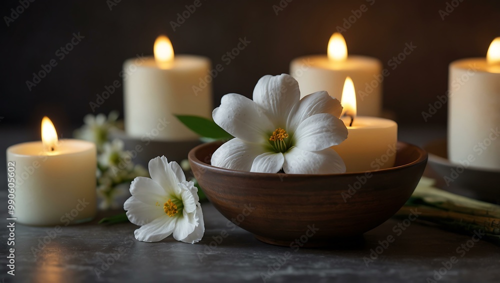Bowl with a white flower and candles, concept of tranquility. Bowl with a white flower and candles, concept of tranquility.