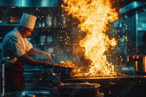 A professional chef is cooking in the kitchen, wearing a white shirt and apron, showing off his cooking skills amidst the flames. The chef's confidence is clearly visible, creating a professional kitc