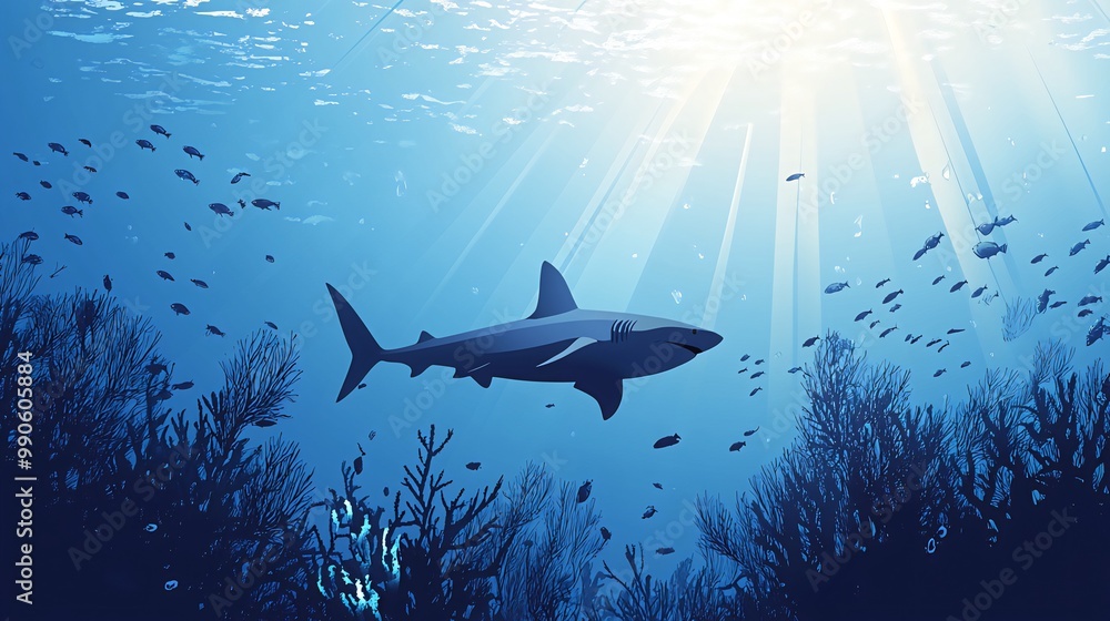 Fototapeta premium A lone shark swims through a vibrant coral reef with sunlight streaming down from above.