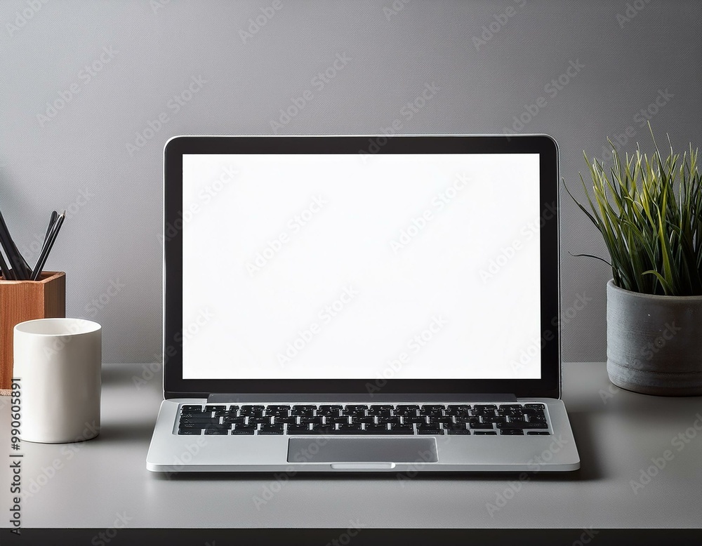 Fototapeta premium Laptop with blank empty white screen display mock-up, isolated on white background clipping path, full depth of field . silver open Isolated Devices Mockup 