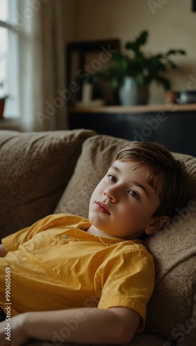 Boy in a yellow shirt reclining on a couch, daydreaming.