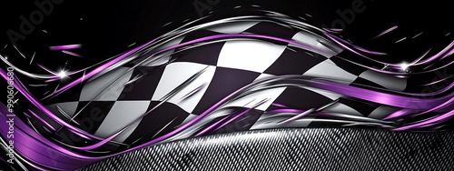 Abstract checkered flag design with purple metallic swirls and a textured background.