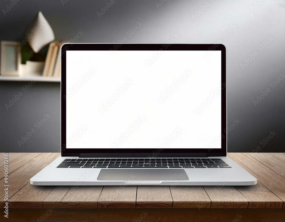 Fototapeta premium Laptop with blank empty white screen display mock-up, isolated on white background clipping path, full depth of field . silver open Isolated Devices Mockup 
