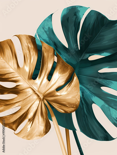 Golden and green leaves of the monstera on a beige background.