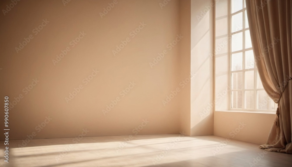 Fototapeta premium empty studio space with large window and empty wall in warm tones , mockup for your idea, ai generated, ai