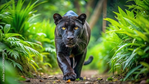 Thrilling encounter of a wild jungle black panther on the hunt