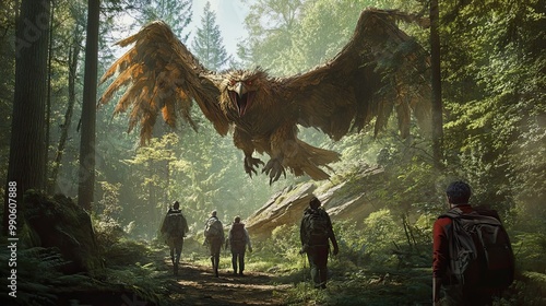 A Giant Eagle-like Creature Soaring Over Hikers in a Forest photo