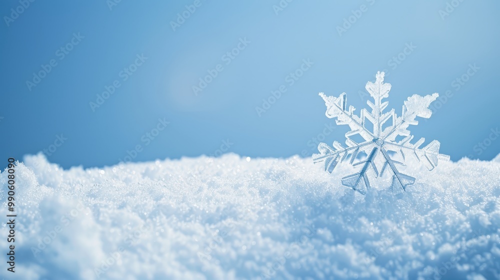 Winter scene, pale blue background, single snowflake floating in the corner, large copy space. Winter scene, pale blue background, single snowflake floating in the corner, large copy space.