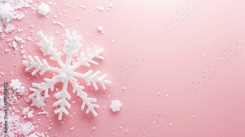 Minimalist design, soft pink background, single snowflake ornament, clean space for text. 