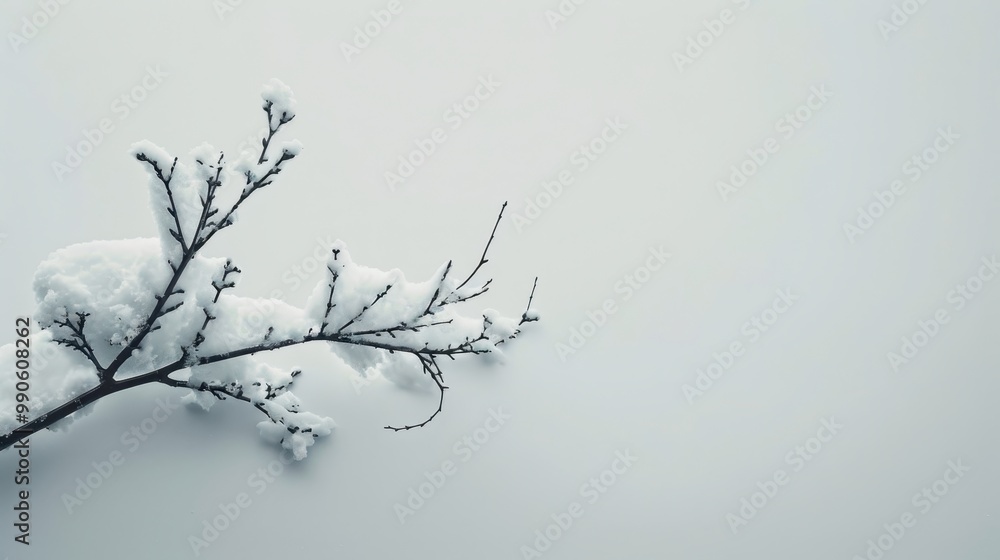 Minimalist design, soft grey background, single snow-covered branch, ample copy space. 