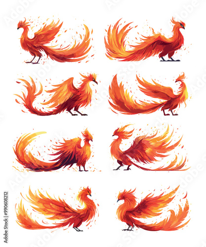 Phoenix cartoon vector set. Fiery bird feather burning plumage fire wings flame immortality rebirth soaring mythical flying fantasy legend creature animal, illustrations isolated on white background