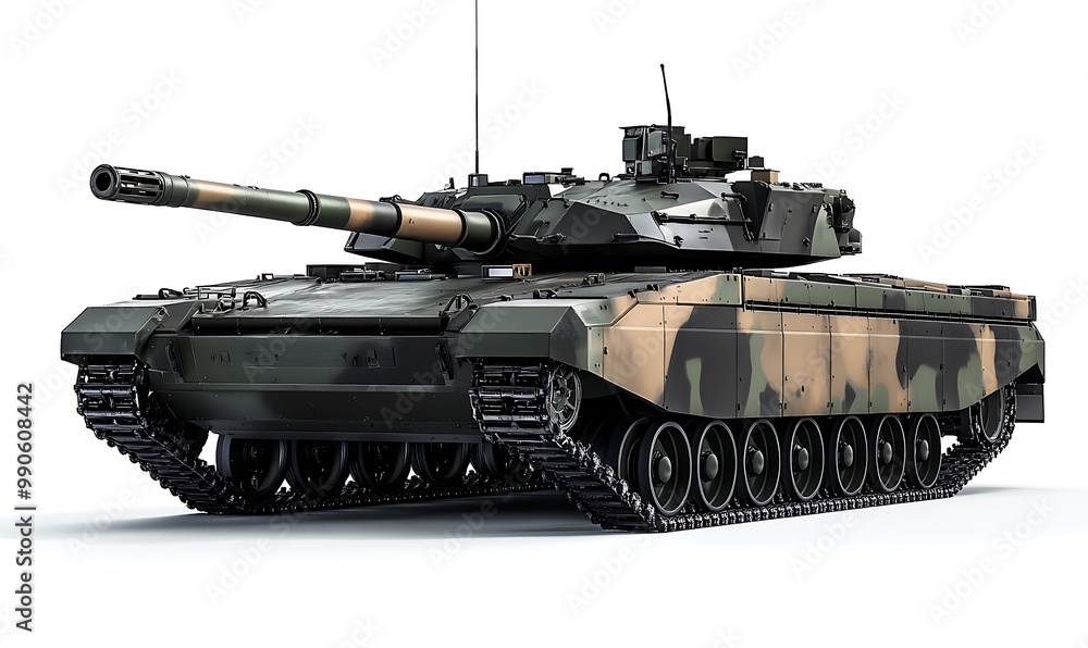 Camouflaged Military Tank on White Background Camouflaged Military Tank on White Background