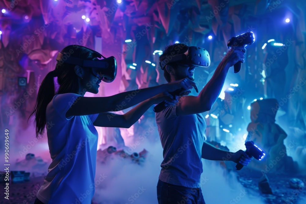 Fototapeta premium A man and woman, both donned with virtual reality headsets, actively explore an enchanting digital landscape, engaged in a thrilling online game adventure.