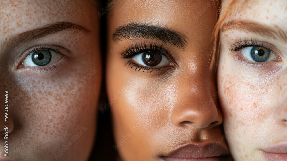 Close-up portrait of three diverse women with focus on skin and eyes. Representation of diversity, beauty, and inclusivity. Close-up portrait of three diverse women with focus on skin and eyes. Representation of diversity, beauty, and inclusivity.