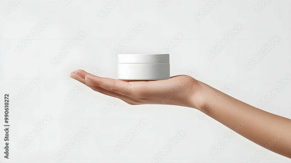 3. **Depict a woman is hand delicately holding a white cream jar mockup, focusing on the details of the packaging design. The scene should be set against a minimalist white background, capturing a 3. **Depict a woman is hand delicately holding a white cream jar mockup, focusing on the details of the packaging design. The scene should be set against a minimalist white background, capturing a