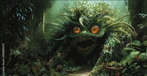 A Monster Green-Covered Creature Lurks in a Lush Jungle