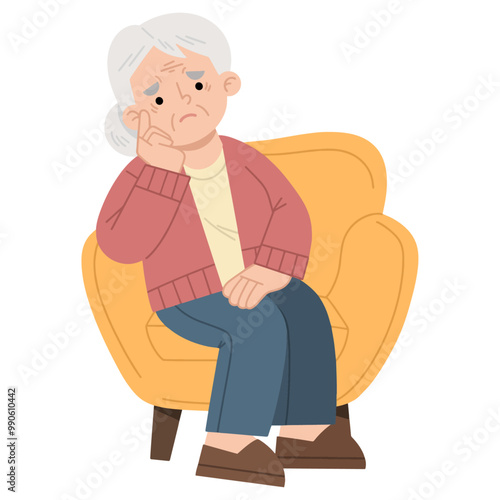 Vector illustration of old woman feeling sad and alone sitting on sofa