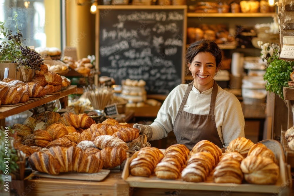 A bakery worker and barista wearing a brown apron and matching hat, smiling happily. The expression reflects pleasure and satisfaction in the work, creating a warm and friendly atmosphere in the baker A bakery worker and barista wearing a brown apron and matching hat, smiling happily. The expression reflects pleasure and satisfaction in the work, creating a warm and friendly atmosphere in the baker