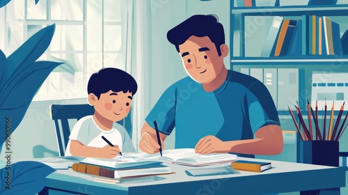 A father patiently guides his child through homework tasks at a well-organized study desk
