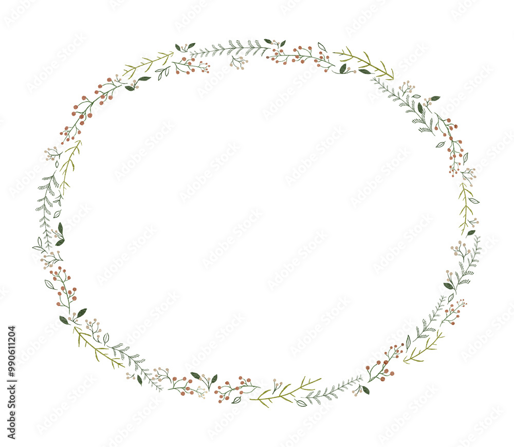 Watercolor Christmas wreath oval frame with various traditional colorful holiday nature elements and copy space isolated on white background. Hand drawn illustration sketch Watercolor Christmas wreath oval frame with various traditional colorful holiday nature elements and copy space isolated on white background. Hand drawn illustration sketch
