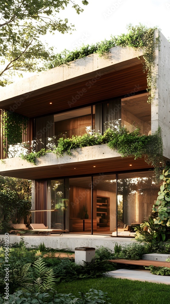 A modern home with plenty of greenery, featuring wooden and concrete details, and a balcony overlooking the garden A modern home with plenty of greenery, featuring wooden and concrete details, and a balcony overlooking the garden
